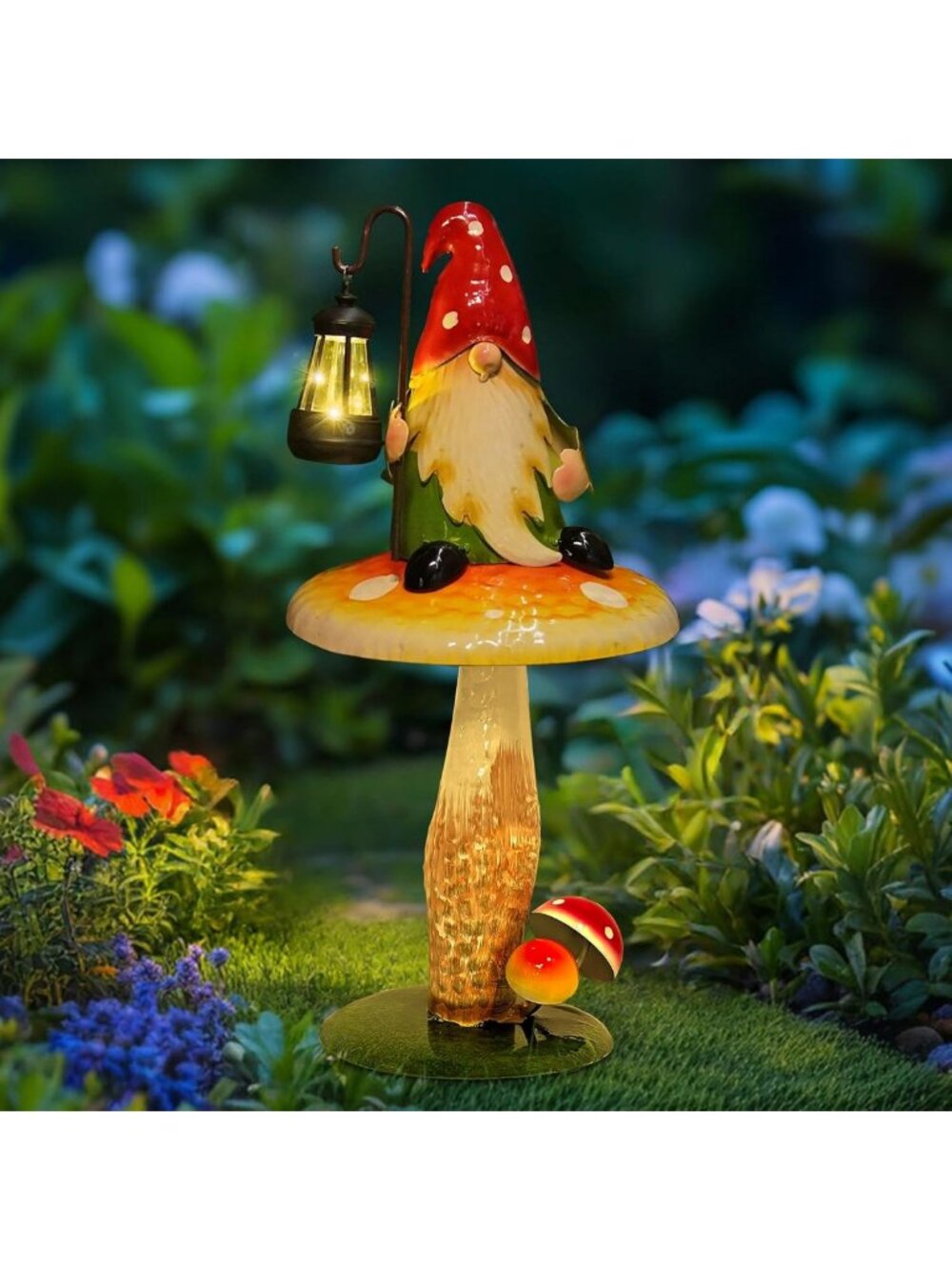 Solar Garden Gnomes with LED Lanterns - Waterproof Mushroom Decor for Yard
